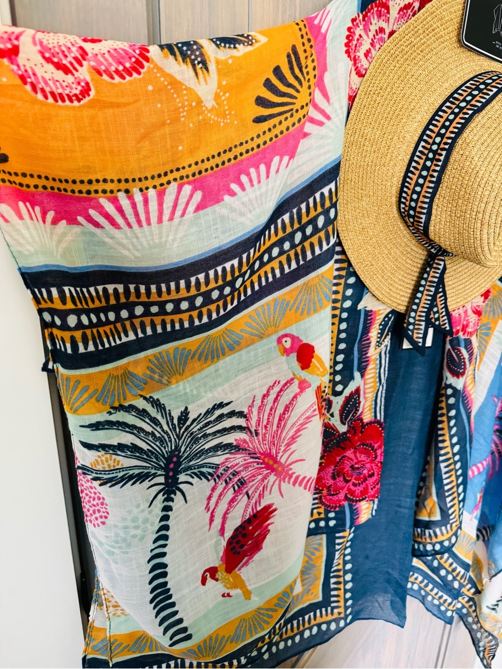 NWT Nine West Multicolor Printed Open-Front Matching Ruana and Panama Hat - Picture 7 of 11
